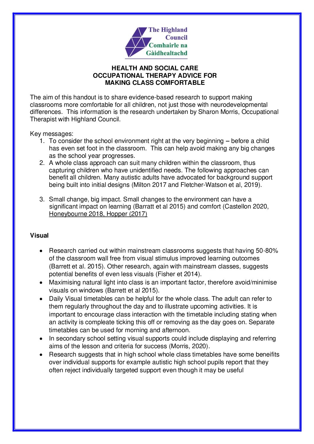 Occupational Therapy Classroom Environments – Handout