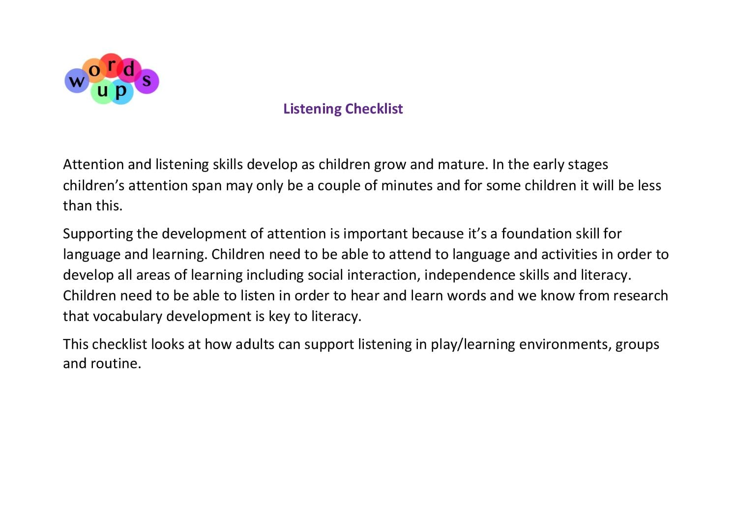 Words Up: Attention and Listening Checklist (PDF)