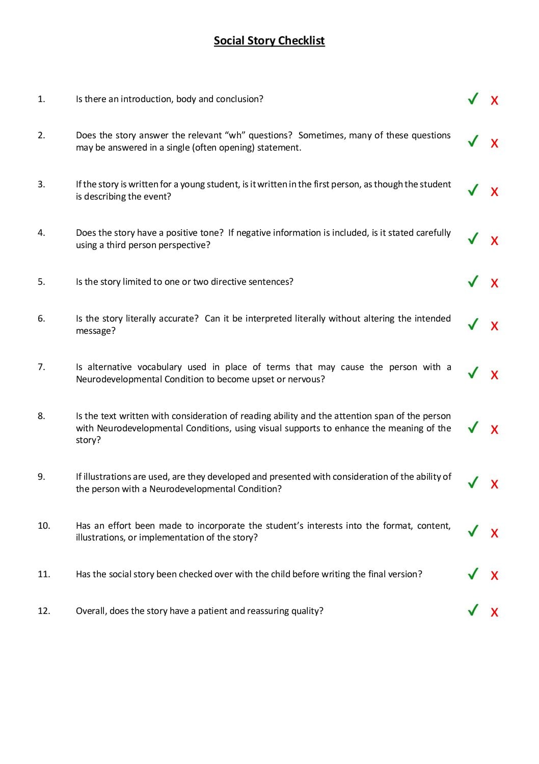 Social Story Checklist